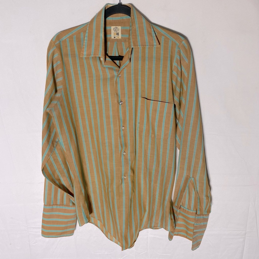 Vintage The Custom Taper BVD Pakadir Chambray Tan Green Striped Button Up 14.5
